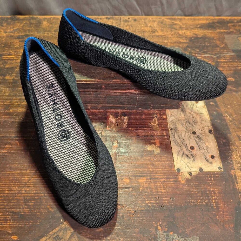 Rothy's Black Knit Ballet Flats with Blue Heel Trim